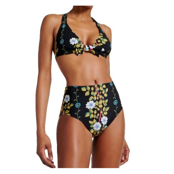 ETRO Milano BlackFloral Halter Neck High Waist Bikini Set NEW MSRP $850 Sz S/2-4 - Picture 2 of 12